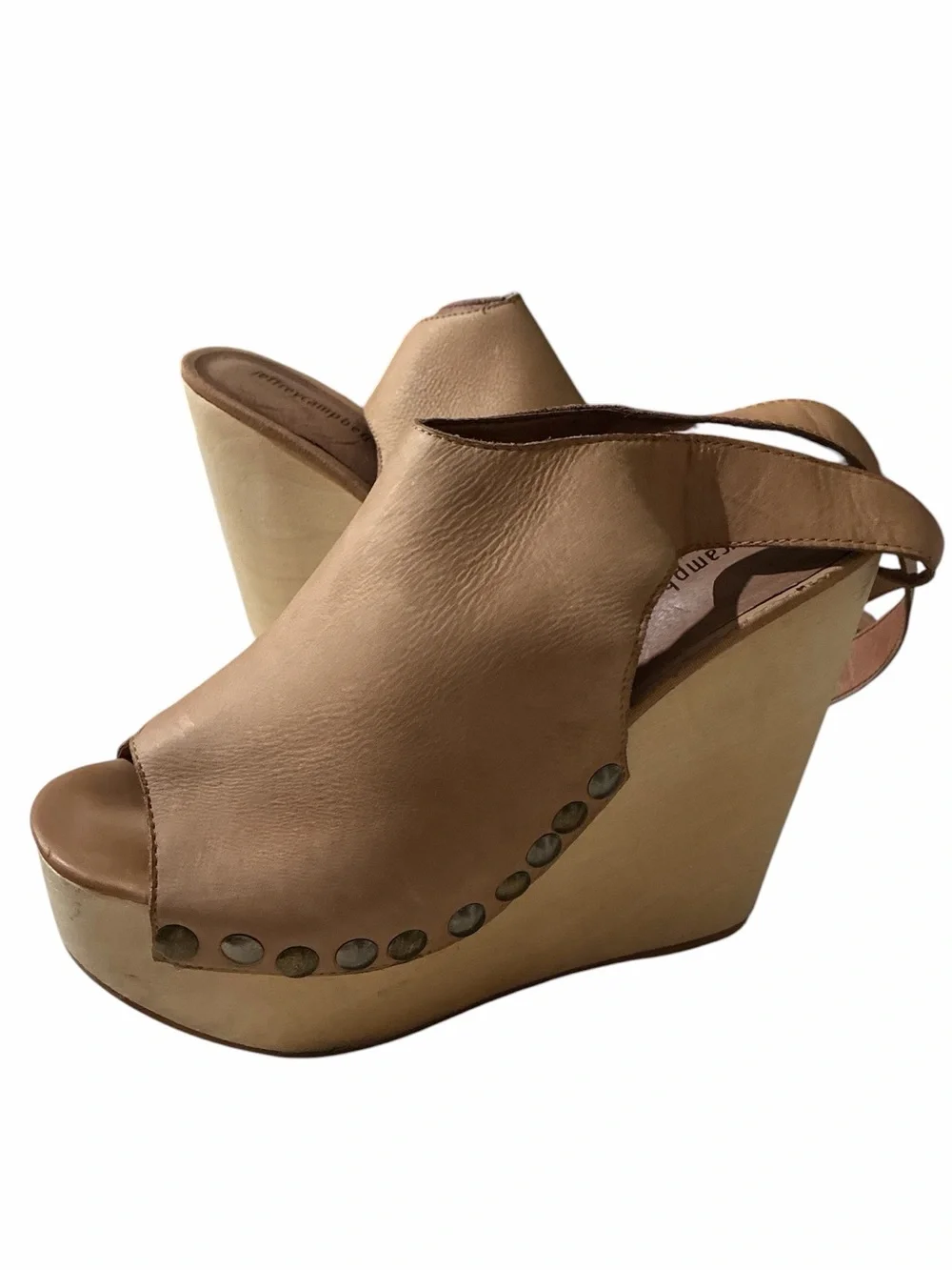 Vintage Y2K Jeffrey Campbell  Leather Wooden Wedge Peep-Toe Ankle Strap